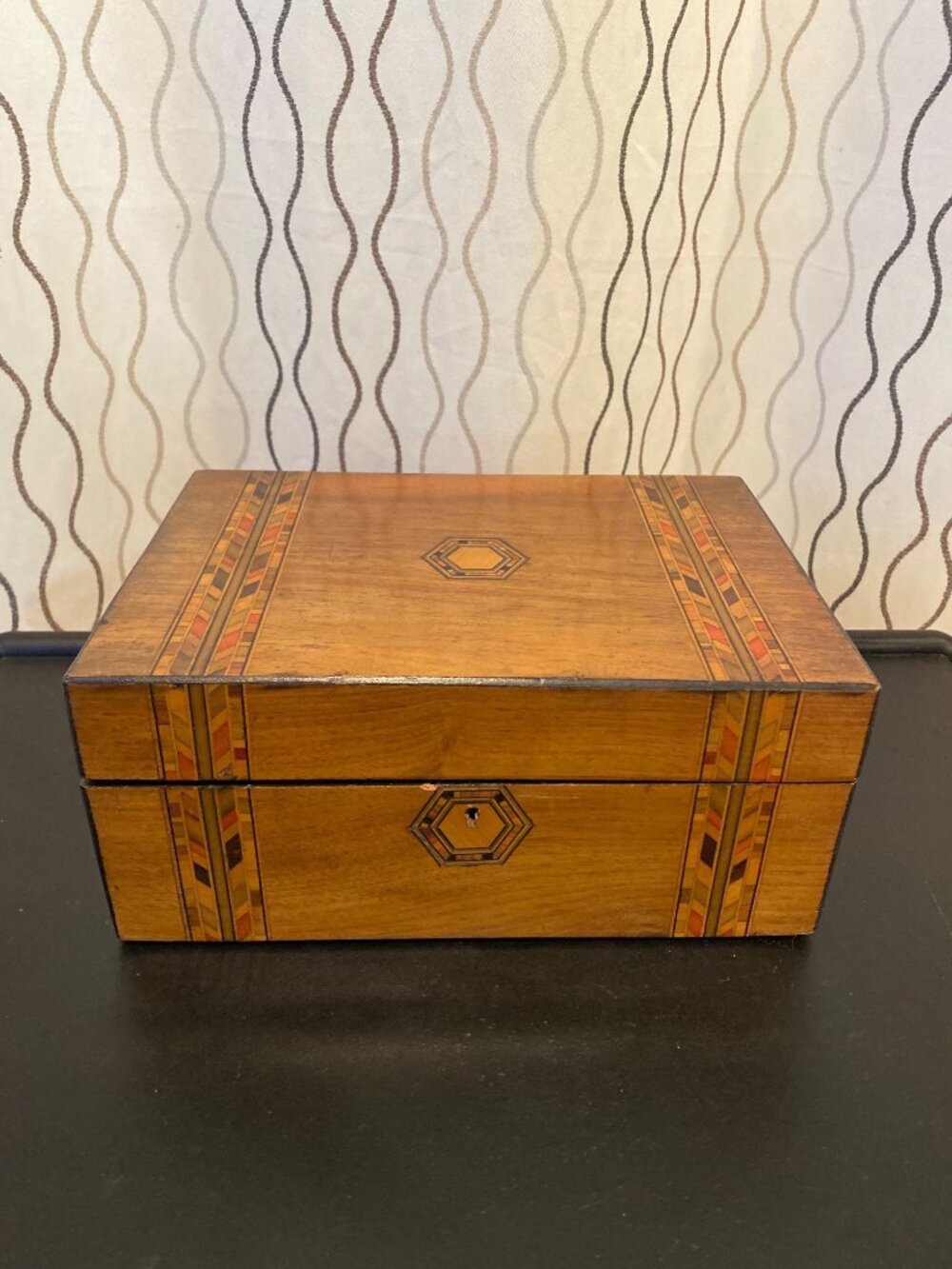 Vintage Wooden tea caddy Box With Inlaid Geometric Marquetry Design & Hinged Lid